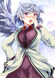 Rule 34 | 1girl, blush, bow, bowtie, breasts, brooch, coat, come hither, dress, e.o., female focus, finger in own mouth, grey hair, half updo, highres, jewelry, kishin sagume, large breasts, licking, licking finger, looking at viewer, oral invitation, purple eyes, saliva, sexually suggestive, short hair, single wing, solo, tongue, tongue out, touhou, wings, zoom layer
