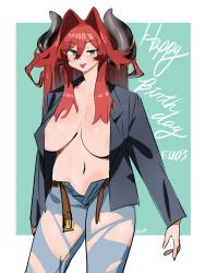 Rule 34 | 1girl, :p, black jacket, blue eyes, blue pants, border, breasts, denim, hair intakes, hair on horn, happy birthday, highres, horns, jacket, jeans, large breasts, long hair, long sleeves, looking at viewer, navel, no bra, open clothes, open jacket, original, pants, red hair, ryusei hashida, signature, smile, solo, standing, tongue, tongue out, torn clothes, torn pants, tsunoko, white border