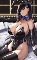 Rule 34 | 1girl, akitsuki karasu, alternate costume, animal ears, bare shoulders, black gloves, black hair, black hairband, black thighhighs, blue archive, blue bow, blue bowtie, blush, bow, bowtie, breasts, cleavage, condom, condom wrapper, elbow gloves, fake animal ears, gloves, hairband, halo, highleg, highleg leotard, highres, large breasts, leotard, long hair, looking at viewer, original, parted lips, playboy bunny, rabbit ears, red eyes, rio (blue archive), sideboob, sitting, smile, solo, thighhighs, thighs, tissue box, wrist cuffs