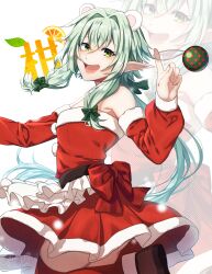 1girl alternate_costume animal_ears bare_shoulders bear_ears brown_footwear christmas dress elf fake_animal_ears from_side goblin_slayer! green_eyes green_hair high_elf_archer_(goblin_slayer!) highres kankitukou long_hair open_mouth pointy_ears red_dress red_thighhighs santa_dress solo thighhighs thighs zoom_layer