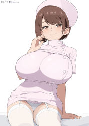 Rule 34 | 1girl, :&gt;, arm support, bed sheet, blush, breasts, brown eyes, brown hair, buttons, commentary request, dress, eyelashes, garter straps, half-closed eyes, hand on own cheek, hand on own face, hat, highres, huge breasts, looking at viewer, nanakura nanane, nurse, nurse cap, original, panties, pantyshot, purple dress, purple hat, seductive smile, short hair, short sleeves, sitting, smile, solo, stretcher, thighhighs, underwear, white background, white panties, white thighhighs