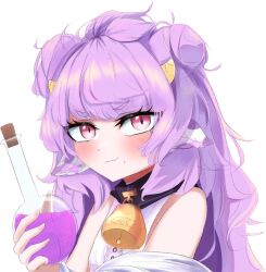 Rule 34 | 1girl, animal ears, bell, blush, cafflin, center frills, cow ears, cow girl, cow horns, double bun, flask, frills, hair bun, holding, holding flask, horns, lab coat, long hair, mole, mole under mouth, muu muyu, neck bell, off shoulder, phase connect, pink eyes, purple hair, round-bottom flask, shirt, sleeveless, sleeveless shirt, solo, upper body, white shirt