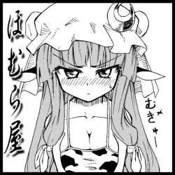 Rule 34 | &gt;:&lt;, 1girl, :&lt;, animal ears, animal print, bad id, bad pixiv id, black border, blush, border, braid, breasts, closed mouth, collarbone, cow ears, cow girl, cow print, crescent, crescent hat ornament, female focus, greyscale, hat, hat ornament, homura subaru, large breasts, long hair, looking at viewer, monochrome, patchouli knowledge, solo, sweatdrop, touhou, translation request, upper body, v-shaped eyebrows