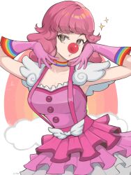 Rule 34 | 1girl, ace attorney, breasts, choker, cleavage, clown, clown nose, dress, frills, geiru toneido, gloves, hands up, highres, large breasts, layered dress, looking at viewer, makeup, medium hair, milka (milk4ppl), multicolored clothes, phoenix wright: ace attorney - spirit of justice, pink dress, pink gloves, pink hair, rainbow choker, rainbow print, sleeveless, smile, solo, sparkle, suspenders, white background