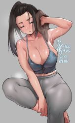 Rule 34 | 1girl, agawa ryou, armpits, artist name, black hair, breasts, cleavage, closed eyes, dated, female focus, grey background, large breasts, long hair, pants, parted lips, ponytail, signature, simple background, skindentation, solo, sportswear, steam, steaming body, sweat, wide hips, wiping sweat, yoga pants