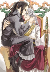 Rule 34 | 2boys, alternate hair length, alternate hairstyle, black hair, blue eyes, brown eyes, chair, chinese clothes, eye contact, hand on another&#039;s face, highres, katsuki yuuri, long hair, looking at another, male focus, multiple boys, ponytail, sheath, sheathed, silver hair, sio, sitting, smile, sword, viktor nikiforov, weapon, yaoi, yuri!!! on ice