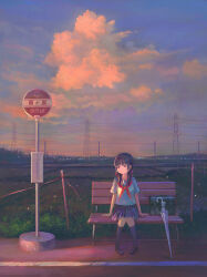 Rule 34 | 1girl, bag, bench, black socks, blue skirt, blue sky, blunt bangs, brown footwear, bus stop, cloud, cloudy sky, commentary request, evening, feel (nasitaki), grass, hair ribbon, highres, kneehighs, knees together feet apart, light particles, loafers, long hair, neckerchief, on bench, original, outdoors, pigeon-toed, pleated skirt, power lines, red eyes, red neckerchief, red ribbon, revision, ribbon, rice paddy, road sign, rural, scenery, school uniform, serafuku, shoes, short sleeves, sign, sitting, skirt, sky, socks, solo, translated, transmission tower, transparent, transparent umbrella, twintails, umbrella, unworn bag, utility pole, wide shot
