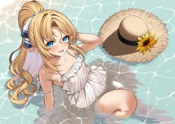 Rule 34 | 1girl, absurdres, blonde hair, blue eyes, blush, brown hat, commentary request, dress, elf, enjo kouhai, hair ribbon, hat, highres, iris (takunomi), long hair, looking at viewer, open mouth, partially submerged, pointy ears, ribbon, sitting, sleeveless, sleeveless dress, solo, straw hat, takunomi, unworn hat, unworn headwear, white dress, white ribbon