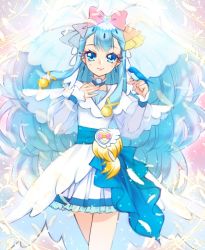Rule 34 | 1girl, bird, bird on hand, blue bird, blue eyes, blue hair, bow, cheerful style, closed mouth, cowboy shot, cure ange, cure ange (cheerful style), dress, earrings, eyelashes, hair bow, highres, hugtto! precure, jewelry, long hair, looking at viewer, magical girl, multicolored background, multicolored bow, nijigami rin, pouch, precure, see-through, see-through sleeves, short dress, smile, solo, standing, veil, white dress, yakushiji saaya