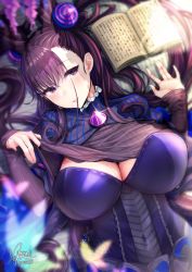 Rule 34 | 1girl, black dress, black hair, blush, book, breasts, brown hair, clothes lift, commentary request, cone hair bun, dated, double bun, dress, fate/grand order, fate (series), frills, glint, hair between eyes, hair bun, hair ornament, hands up, highres, large breasts, light particles, long hair, long sleeves, looking at viewer, lying, mappaninatta, murasaki shikibu (fate), on back, open book, parted lips, puffy sleeves, purple eyes, revision, signature, sleeves past wrists, solo, sweat, two side up, very long hair