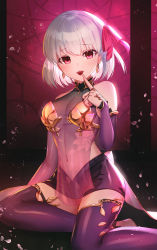 Rule 34 | 1girl, commentary request, dolce (dolsuke), earrings, fate/grand order, fate (series), gold earrings, hair ribbon, highres, index finger raised, jewelry, kama (fate), kama (first ascension) (fate), looking at viewer, navel, open mouth, petals, purple thighhighs, red eyes, red ribbon, ribbon, see-through, short hair, sitting, smile, solo, teeth, thighhighs, white hair