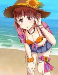 Rule 34 | 10s, 1girl, beach, blush, breasts, cleavage, earrings, hat, hoshinoouka, jewelry, leaning forward, looking at viewer, love live!, love live! school idol festival, love live! sunshine!!, medium breasts, ocean, open mouth, orange hair, outdoors, red eyes, solo, standing, takami chika, water