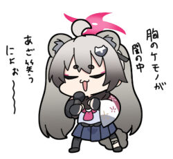 Rule 34 | 1girl, :d, ahoge, animal ear fluff, animal ears, black gloves, black pantyhose, blue archive, blue skirt, chibi, closed mouth, commentary request, facing viewer, fingerless gloves, full body, gloves, grey hair, holding, holding microphone, long hair, long sleeves, lowres, michiru (blue archive), microphone, nyaru (nyaru 4126), open mouth, pantyhose, pleated skirt, shirt, short eyebrows, simple background, skirt, smile, solo, standing, tail, thick eyebrows, translation request, twintails, very long hair, white background, white shirt, wide sleeves