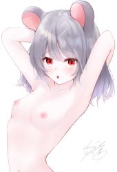 Rule 34 | 1girl, absurdres, alternate hair length, alternate hairstyle, andason sanda, animal ears, armpits, blush, breasts, commentary request, grey hair, highres, looking at viewer, medium hair, mouse ears, mouse girl, nazrin, nipples, nude, open mouth, red eyes, signature, simple background, small breasts, solo, touhou, upper body, white background