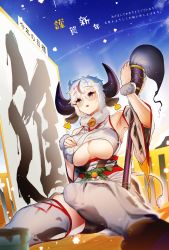 Rule 34 | 1girl, ahobaka, animal ears, armpits, bare shoulders, black hair, blue eyes, breasts, brush, cow ears, cow girl, cow horns, cow tail, glasses, highres, horns, large breasts, multicolored hair, original, sleeveless, solo, streaked hair, tail, thighhighs, underboob, white hair