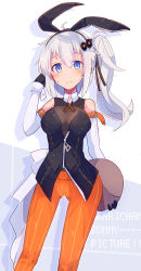 Rule 34 | 1girl, alternate hair length, alternate hairstyle, animal ears, belt, black gloves, black shirt, blue eyes, bunny day, character name, commentary, elbow gloves, fake animal ears, feet out of frame, gloves, gluteal fold, hair between eyes, hair ornament, hairband, hand up, highres, holding, holding tray, kizuna akari, kujira hebi, leotard, long hair, looking at viewer, orange pants, pants, playboy bunny, ponytail, rabbit ears, shirt, side ponytail, standing, thighhighs, tray, voiceroid, white gloves, white hair, zipper