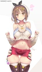 Rule 34 | 1girl, artist name, atelier (series), atelier ryza, atelier ryza 1, bare shoulders, belt, beret, blush, breasts, brown eyes, brown hair, cleavage, closed mouth, clothes lift, collarbone, cowboy shot, crop top, fingernails, flask, gluteal fold, hair ornament, hairclip, hat, heart, hong (white spider), jewelry, large breasts, lifting own clothes, looking at viewer, making-of available, midriff, nail polish, navel, necklace, patreon username, pink nails, red shorts, reisalin stout, shirt, shirt lift, short hair, short shorts, shorts, signature, simple background, skindentation, sleeveless, sleeveless shirt, smile, solo, standing, star (symbol), star necklace, stomach, thigh gap, thighhighs, thighs, white background, white hat