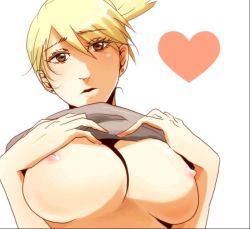 Rule 34 | 1girl, bare arms, blonde hair, breasts, brown eyes, clothes lift, earrings, eyebrows, folded ponytail, fullmetal alchemist, hair between eyes, hands on own chest, heart, jewelry, large breasts, looking at viewer, nipples, no bra, open mouth, parted lips, riza hawkeye, shirt lift, short hair, simple background, solo, upper body, white background