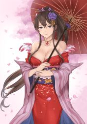 Rule 34 | 10s, 1girl, alternate costume, alternate hairstyle, bare shoulders, breasts, brown hair, cleavage, collarbone, female focus, flower, granblue fantasy, hair between eyes, hair flower, hair ornament, highres, japanese clothes, jewelry, kimono, large breasts, long hair, looking at viewer, neck, necklace, off shoulder, oil-paper umbrella, petals, purple eyes, red kimono, rose, rosetta (granblue fantasy), rosetta (rosebud blush kimono) (granblue fantasy), sash, sidelocks, smile, solo, standing, terry (pixiv3274443), umbrella, wide sleeves
