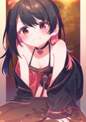 1girl arm_support bare_shoulders bent_over black_camisole black_choker black_hair black_jacket black_skirt blush breasts camisole choker cleavage collarbone commentary_request hair_ornament heart highres indie_virtual_youtuber jacket koucha_latte long_hair long_sleeves looking_at_viewer multicolored_hair off_shoulder one_side_up open_clothes open_jacket puffy_long_sleeves puffy_sleeves rabbit_hair_ornament red_eyes red_hair roin signature skirt sleeves_past_wrists small_breasts smile solo two-tone_hair