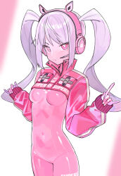 Rule 34 | 1girl, absurdres, alice (nikke), animal ear headphones, animal ears, bodysuit, breasts, clothes writing, covered navel, cowboy shot, cropped jacket, fake animal ears, frown, gloves, goddess of victory: nikke, grey hair, headphones, headset, highres, impossible bodysuit, impossible clothes, jacket, latex, latex bodysuit, long hair, looking at viewer, m/, pink bodysuit, pink eyes, pink gloves, pink headphones, pink jacket, puffy sleeves, saaal653, sidelocks, skin tight, sleeves past wrists, small breasts, solo, twintails, two-tone gloves, white gloves