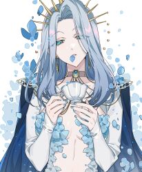 Rule 34 | 1girl, absurdres, blue butterfly, blue cape, blue eyes, blue hair, blue nails, blue scales, bug, butterfly, cape, choker, collarbone, cup, detached sleeves, earrings, expressionless, eyes visible through hair, gold earrings, highres, holding, holding cup, indie virtual youtuber, insect, jewelry, keita kg85, long hair, monarch (amalee), petals, second-party source, virtual youtuber, white sleeves