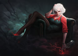 Rule 34 | 1girl, alcohol, alexander terentyev, angry, armchair, black horns, black pantyhose, black vest, blouse, bottle, bracelet, breasts, chair, cleavage, collarbone, demon girl, demon horns, demon tail, formal, from side, full body, hair between eyes, hand in own hair, helltaker, holding, holding bottle, horns, jewelry, large breasts, lips, looking at viewer, lying, malina (helltaker), no shoes, on back, on chair, pantyhose, photorealistic, realistic, red eyes, red shirt, shirt, short hair, sleeves pushed up, smoke, solo, tail, thighband pantyhose, vest, waistcoat, white hair