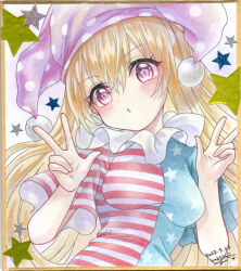 Rule 34 | 1girl, american flag dress, artist name, blonde hair, blush, breasts, clownpiece, dated, double v, dress, hair between eyes, hat, highres, jester cap, long hair, mosho, parted lips, pink eyes, polka dot, polka dot headwear, purple hat, shikishi, short sleeves, signature, small breasts, solo, star (symbol), star print, striped clothes, striped dress, touhou, traditional media, upper body, v