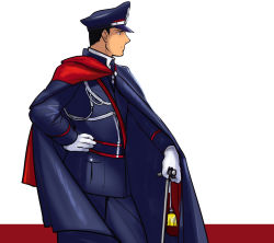 Rule 34 | 1boy, aiguillette, black eyes, black hair, blue cape, blue headwear, blue jacket, blue necktie, blue pants, cape, closed mouth, collared shirt, contrapposto, facing away, fullmetal alchemist, gloves, hand on own hip, hat, high collar, highres, jacket, looking afar, male focus, military, military hat, military jacket, military uniform, necktie, pants, peaked cap, profile, red background, roy mustang, serious, shade, shirt, simple background, striped, striped background, tassel, tsurime, two-sided cape, two-sided fabric, two-tone background, uniform, urikurage, weapon request, white background, white gloves
