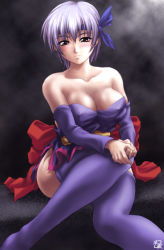 Rule 34 | 1girl, ayane (doa), bare shoulders, boots, breasts, cleavage, dead or alive, kagehara hanzou, purple footwear, purple hair, sitting, solo, tecmo, thighhighs