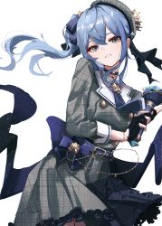 Rule 34 | 1girl, absurdres, belt, beret, black gloves, blue belt, blue choker, blue hair, blue necktie, blue ribbon, bracelet, choker, dress, gloves, grey dress, grey eyes, grey hat, hair between eyes, hair ribbon, hat, highres, holding, holding microphone, hololive, hoshimachi suisei, hoshimachi suisei (1st costume), jewelry, johndoe johnson, long hair, long sleeves, looking at viewer, microphone, necktie, parted lips, partially fingerless gloves, plaid, plaid dress, ribbon, side ponytail, simple background, solo, star (symbol), star in eye, symbol in eye, virtual youtuber, white background