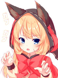 Rule 34 | 1girl, :d, animal ears, beniya ria, blonde hair, blue eyes, blush, bow, brown shirt, check translation, claw pose, commentary request, ears through headwear, fang, fingernails, hair between eyes, hands up, highres, hood, hood up, long hair, long sleeves, looking at viewer, open beta (vtuber), open mouth, puffy long sleeves, puffy sleeves, red bow, ribbon-trimmed hood, ribbon trim, shirt, smile, solo, translation request, virtual youtuber, white background, wolf ears, yuku (kiollion)