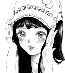 Rule 34 | 1girl, animification, baseball cap, blush, expressionless, greyscale, hands on headwear, hat, highres, illit, iroha (illit), jewelry, k-pop, lipstick, makeup, monochrome, multiple rings, necklace, portrait, real life, ring, solo, sticker on face, wrhkaeru