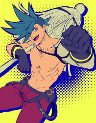 Rule 34 | 1boy, asymmetrical hair, bae (baebae), black gloves, blue eyes, blue hair, clenched hand, flat color, galo thymos, gloves, halftone, halftone background, highres, male focus, matoi, pectorals, promare, sidecut, solo, spiked hair, topless male, undercut