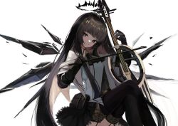Rule 34 | 1girl, antenna hair, aqa, arknights, ascot, belt, belt buckle, belt pouch, black ascot, black belt, black garter straps, black gloves, black hair, black halo, black skirt, black thighhighs, black wings, bow (music), broken halo, brown hair, buckle, bustier, cello, closed mouth, collared jacket, colored inner hair, commentary, crossed legs, dark halo, detached wings, energy wings, from side, garter straps, gloves, grey eyes, grey shirt, halo, hands up, head tilt, highres, holding, holding bow (music), holding instrument, instrument, jacket, knees, layered clothes, layered sleeves, legs, long hair, long sleeves, looking afar, looking to the side, miniskirt, mole, mole under eye, multicolored hair, music, playing instrument, pouch, shade, shirt, short-sleeved jacket, short over long sleeves, short sleeves, sidelocks, sideways glance, simple background, sitting, skirt, smile, solo, straight hair, strap, thighhighs, thighs, two-tone hair, very long hair, virtuosa (arknights), white background, white jacket, wide sleeves, wing collar, wings, yellow pupils
