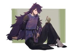 Rule 34 | 2boys, black pants, fengxi (the legend of luoxiaohei), full body, gihuta hiroshi, hair over one eye, highres, knee up, long hair, long sleeves, multiple boys, pants, purple hair, qiguo (the legend of luoxiaohei), shadow, sitting, size difference, smile, luo xiaohei zhanji, very long hair