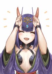 Rule 34 | 1girl, :d, ^^^, ^ ^, absurdres, akizone, arms up, blunt bangs, blush, bob cut, choker, closed eyes, collarbone, commentary, eyelashes, facing viewer, fangs, fate/grand order, fate (series), food, happy, highres, holding, holding food, horns, japanese clothes, kimono, obi, off shoulder, oni, open mouth, pocky, pocky day, purple hair, revealing clothes, sash, short hair, shuten douji (fate), simple background, skin-covered horns, smile, solo, teeth, upper body, white background, wide sleeves