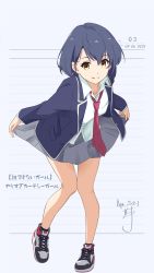 Rule 34 | 1girl, blazer, blue hair, blue jacket, blue skirt, closed mouth, collared shirt, dated, highres, jacket, leaning forward, long sleeves, looking at viewer, necktie, nii manabu, notebook, original, pleated skirt, red necktie, school uniform, shirt, shoes, short hair, signature, skirt, smile, sneakers, solo, standing, white shirt, yellow eyes