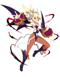 Rule 34 | 1girl, backless leotard, black footwear, black leotard, black wings, blonde hair, boots, breasts, bright pupils, brown pantyhose, choker, clenched hand, clothing cutout, curled horns, demon girl, demon horns, demon wings, detached sleeves, disgaea, disgaea rpg, earrings, fang, full body, hair between eyes, half updo, highres, horns, jewelry, la pucelle, large breasts, leotard, long hair, maou prier, navel, navel cutout, non-web source, official art, open mouth, outstretched arm, pantyhose, photoshop (medium), pointy ears, prier, red eyes, rozalin, seamed legwear, slit pupils, solo, strapless, strapless leotard, transparent background, wide sleeves, wings