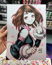 Rule 34 | 1girl, art tools in frame, bodysuit, boku no hero academia, brown eyes, brown hair, dated, from side, hand up, heart, highres, looking at viewer, medium hair, outline, photo (medium), pink outline, signature, smile, solo, stanley lau, swept bangs, traditional media, upper body, uraraka ochako, white background