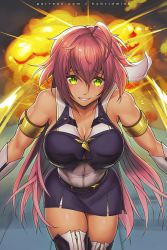 Rule 34 | 1girl, ahoge, armband, bare shoulders, belt, breasts, character request, cleavage, clenched teeth, commentary, english commentary, explosion, green eyes, hair between eyes, hybridmink, large breasts, long hair, open mouth, original, patreon username, pink hair, purple skirt, skirt, sleeveless, solo, teeth, thighhighs, toned, walking