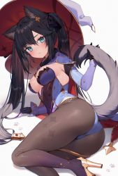 Rule 34 | 1girl, animal ear fluff, animal ears, aqua eyes, arm support, ass, black gloves, black hair, blue leotard, blush, breasts, brown pantyhose, closed mouth, detached sleeves, fur collar, genshin impact, gloves, gradient legwear, hat, high heels, highres, holding tail, kemonomimi mode, leotard, long hair, long sleeves, looking at viewer, lying, medium breasts, mona (genshin impact), muryotaro, on side, pantyhose, purple pantyhose, red hat, simple background, solo, sweat, tail, twintails, very long hair, white background, witch hat, yellow footwear