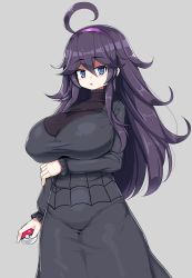 Rule 34 | 1girl, @ @, ahoge, alternate breast size, black hair, blue eyes, blush, breast hold, breasts, creatures (company), curvy, dress, game freak, grey background, hair between eyes, hairband, hex maniac (pokemon), highres, huge ahoge, huge breasts, large breasts, long hair, looking at viewer, messy hair, nintendo, open mouth, plump, poke ball, poke ball (basic), pokemon, pokemon xy, purple hair, purple hairband, sawati, sidelocks, simple background, solo, sweater, tight clothes, tight dress, turtleneck, turtleneck sweater