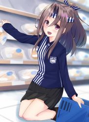 Rule 34 | 1girl, blouse, blue shirt, blush, breasts, hair between eyes, headband, highres, kantai collection, kneeling, lawson, long hair, looking at viewer, official alternate costume, open mouth, rain yadori, shirt, simple background, solo, zuihou (kancolle)