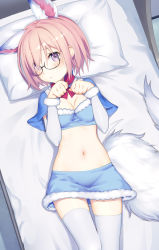 Rule 34 | 1girl, animal ears, arm warmers, bed sheet, blue bra, blue capelet, blue skirt, blush, bow, bowtie, bra, breasts, capelet, cleavage, commentary request, cosplay, cowboy shot, detached sleeves, fate/grand order, fate (series), fou (fate), fou (fate) (cosplay), fur-trimmed bra, fur-trimmed skirt, fur trim, glasses, hair over one eye, highres, light purple hair, long sleeves, looking at viewer, lying, mamehamu, mash kyrielight, medium breasts, navel, official alternate costume, on back, pillow, purple eyes, red bow, red bowtie, short hair, skirt, solo, stomach, tail, thighhighs, underwear, white background, white thighhighs
