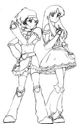 Rule 34 | 1980s (style), 2girls, boots, cosplay, cure black, cure black (cosplay), cure white, cure white (cosplay), dirty pair, futari wa precure, greyscale, kei (dirty pair), knee boots, magical girl, midriff, monochrome, multiple girls, retro artstyle, parody, precure, retro artstyle, trait connection, yuri (dirty pair)
