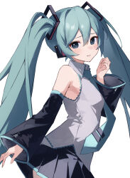Rule 34 | 1girl, absurdres, aqua eyes, aqua hair, aqua necktie, armpit crease, bare shoulders, black skirt, black sleeves, blush, closed mouth, collared shirt, commentary, detached sleeves, from side, grey shirt, hair between eyes, hair ornament, hand up, hatsune miku, headphones, highres, long hair, looking at viewer, looking to the side, necktie, pleated skirt, rakugaki ningen, shirt, skirt, sleeveless, sleeveless shirt, solo, twintails, upper body, very long hair, vocaloid, white background