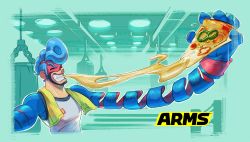 Rule 34 | 1boy, aqua background, arms (game), blue hair, cheese trail, domino mask, eating, closed eyes, food, highres, long arms, male focus, mask, nintendo, official art, pizza, pompadour, punching bag, simple background, smile, spring man (arms), tank top, upper body, wristband, yamamoto yuu