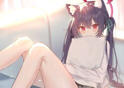Rule 34 | 1girl, animal ear fluff, animal ears, aqua ribbon, black hair, blue archive, blush, cat ears, closed mouth, hair between eyes, hair ribbon, halo, highres, hugging object, long hair, luna (luna610), pillow, pillow hug, red eyes, red halo, ribbon, serika (blue archive), shirt, sitting, sleeves past wrists, solo, twintails, white shirt