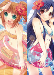 Rule 34 | 10s, 2girls, :d, ball, bikini, blue hair, blush, breasts, brown eyes, brown hair, cleavage, cloud, day, flat chest, flower, front-tie top, green eyes, hair bobbles, hair flower, hair ornament, hibiscus, idolmaster, idolmaster (classic), idolmaster 2, innertube, kisaragi chihaya, long hair, mitsumomo mamu, multiple girls, navel, open mouth, polka dot, salute, short twintails, skirt, sky, small breasts, smile, strapless, swim ring, swimsuit, takatsuki yayoi, tube top, twintails, very long hair, water